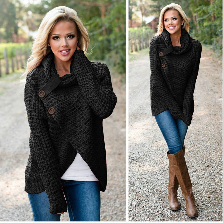 Ladies soft knit pullover with high collar and decorative buttons Lune London