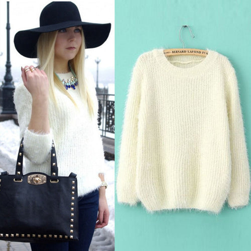 Ladies Fluffy Knit Sweater with Round Neck Amarae
