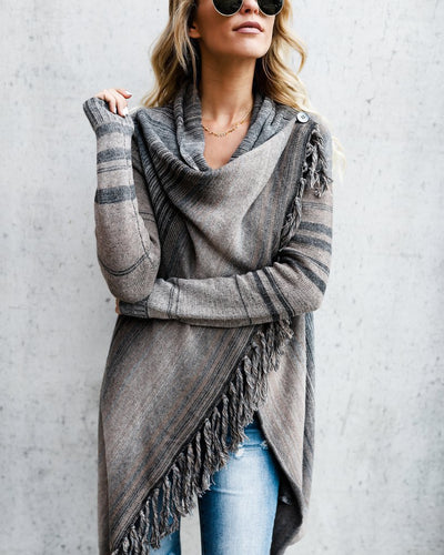 Ladies casual knitted cardigan with fringes and asymmetrical cut Amarae