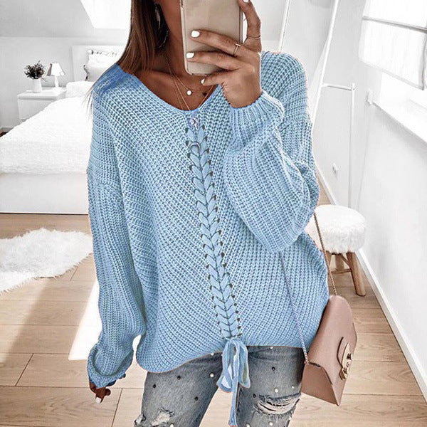 Chunky knit sweater for women with romantic lace-up details and a relaxed fit Lune London