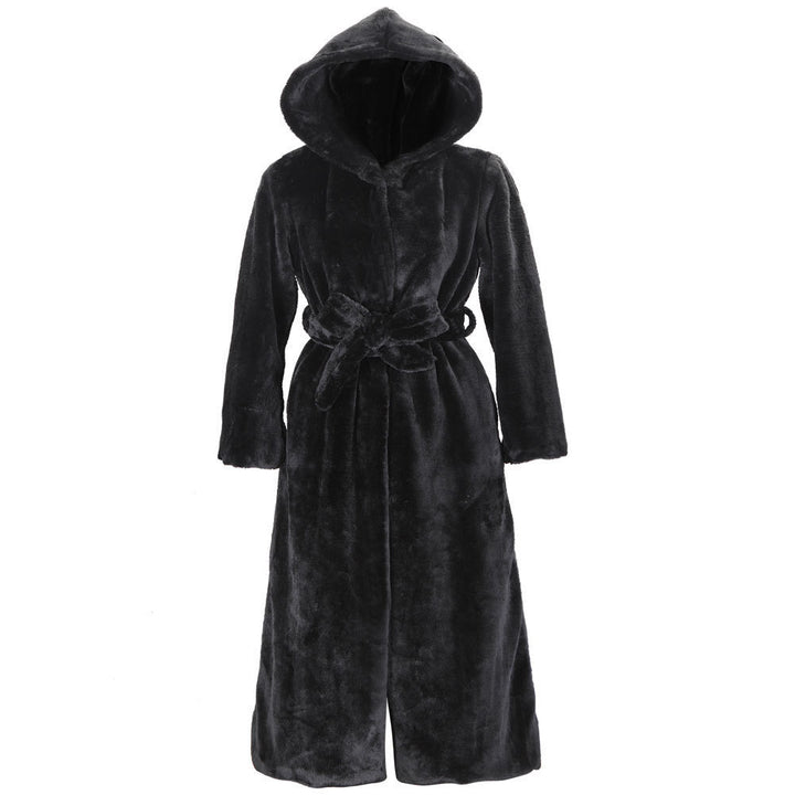 Long hooded coat for women in faux fur with belt Lune London
