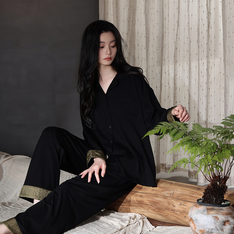 Cotton pajama set with button placket, long sleeves