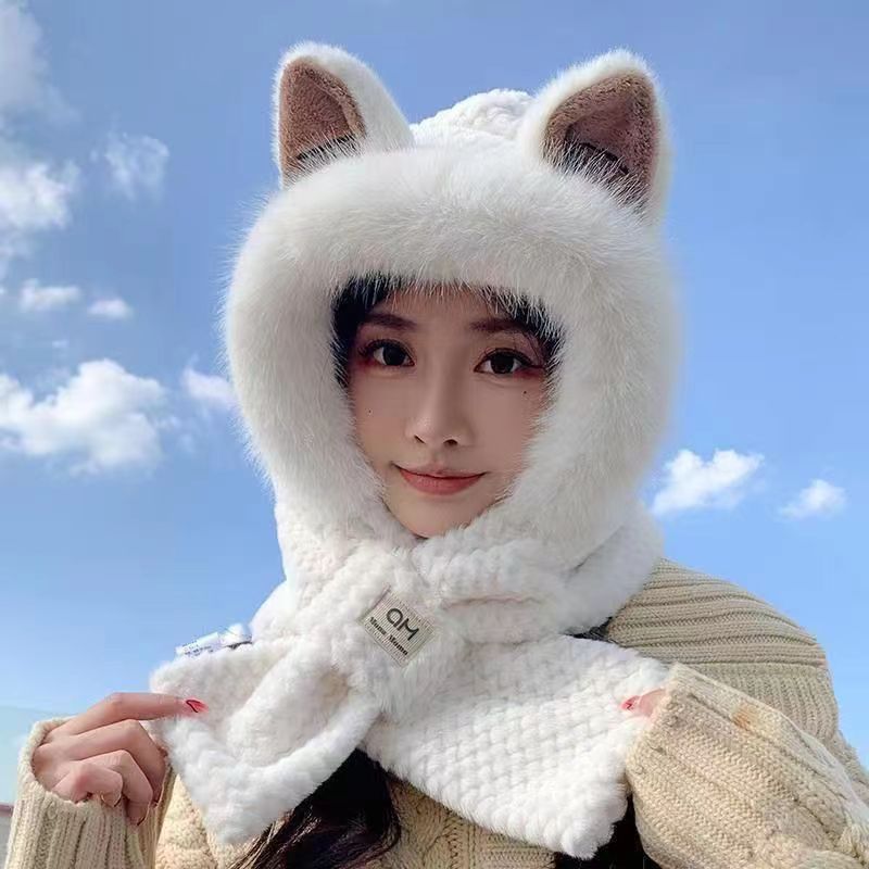 Fleece-lined plush hat with integrated scarf