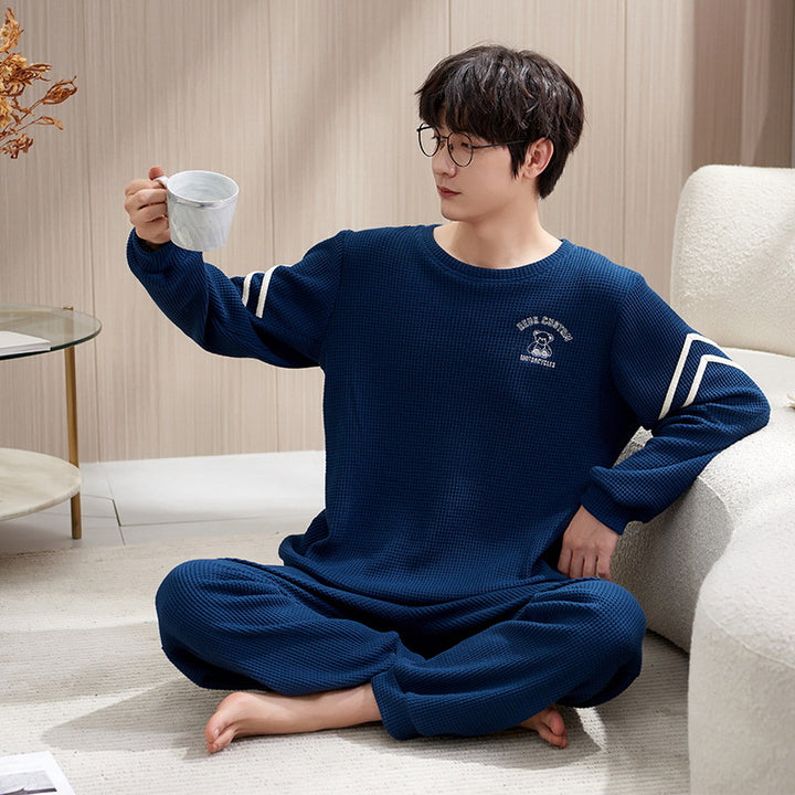 Waffle structure men's pajamas set, long-sleeved