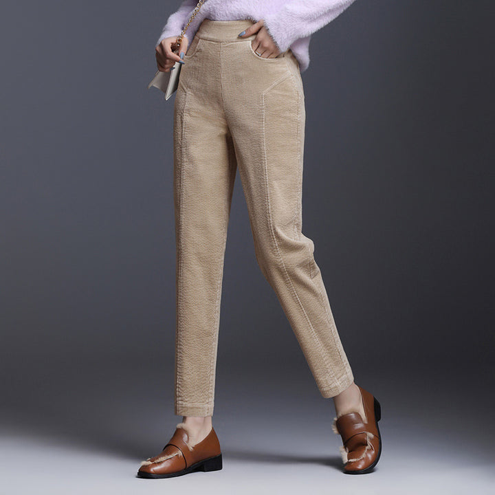 Women's corduroy pants, shortened, high waistband