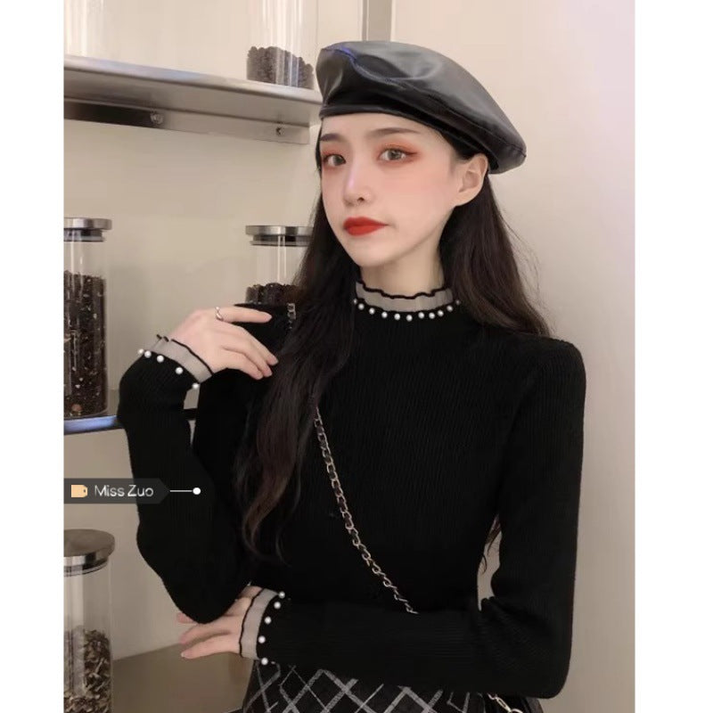 Ladies' knitted sweater with stand-up collar, lace and pearls