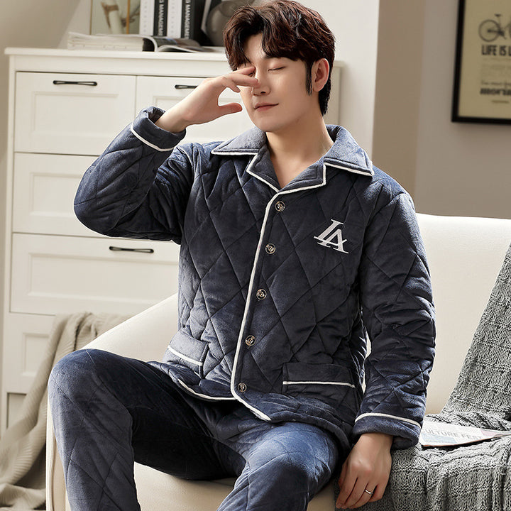Men's pajamas, triple-layered quilted, warming