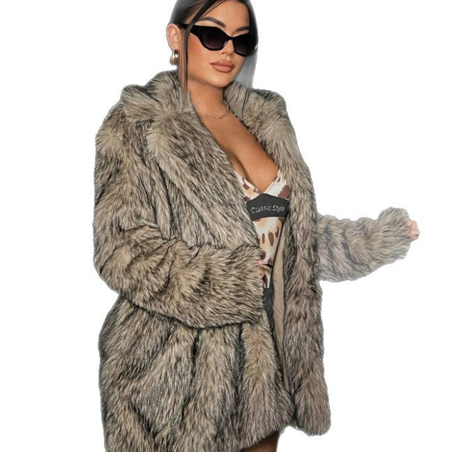 Long faux fur coat with lapel collar