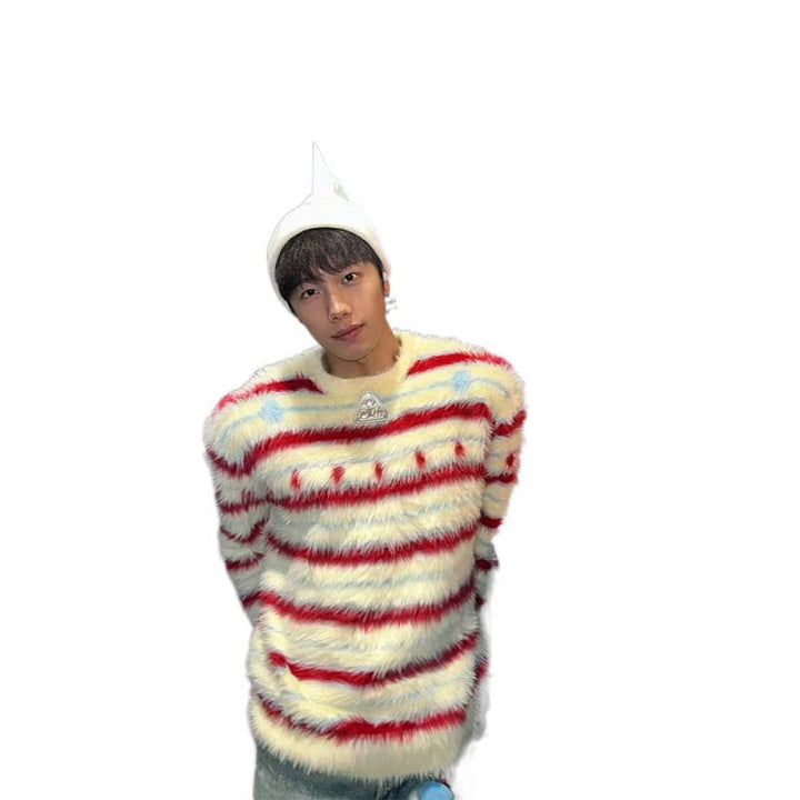 Padded knitted sweater with stripe pattern