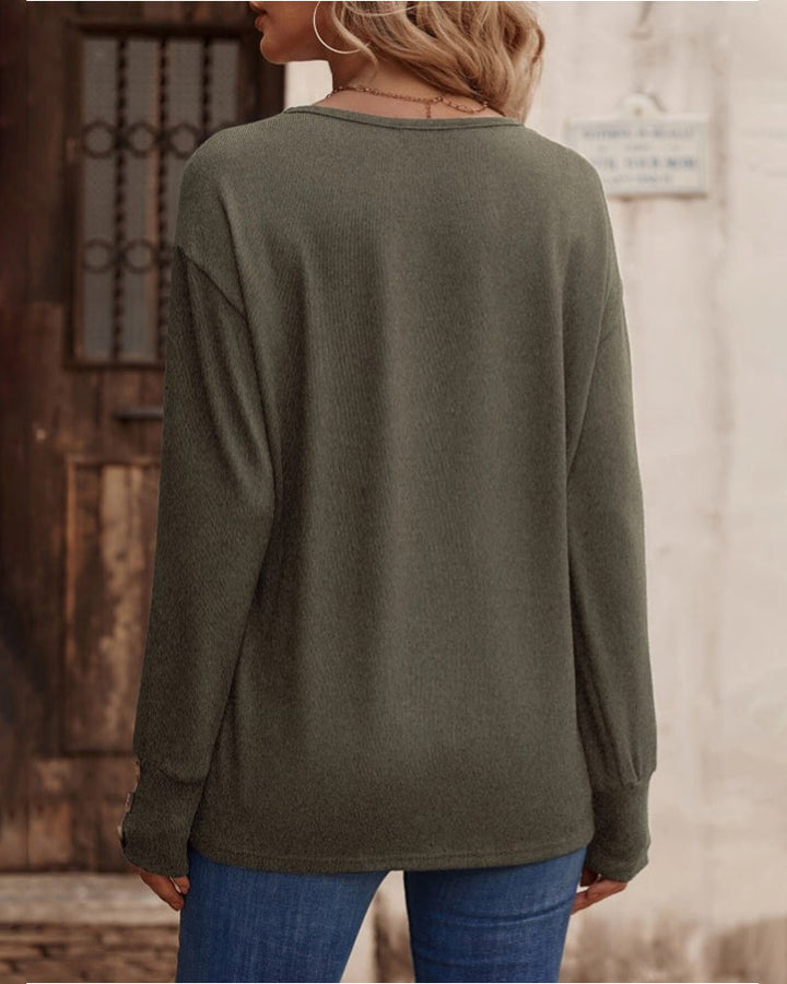 Lune London | Solid Long Sleeve Top with Button and V Neck