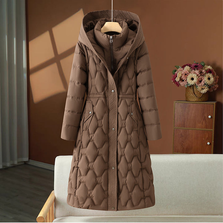 Long women's winter coat with waistline and removable parts