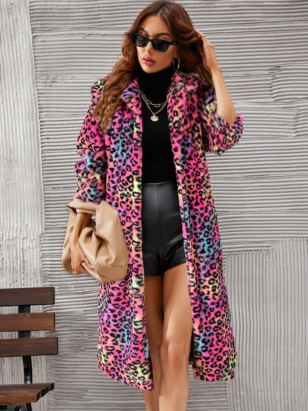 Fashionable faux fur coat with leopard print, long