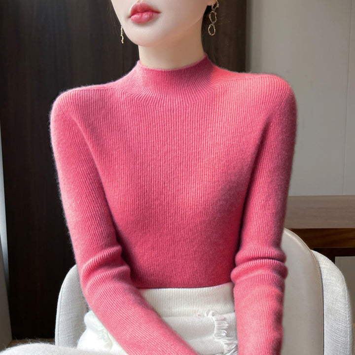 Women's knitted pullover with stand-up collar, fitted