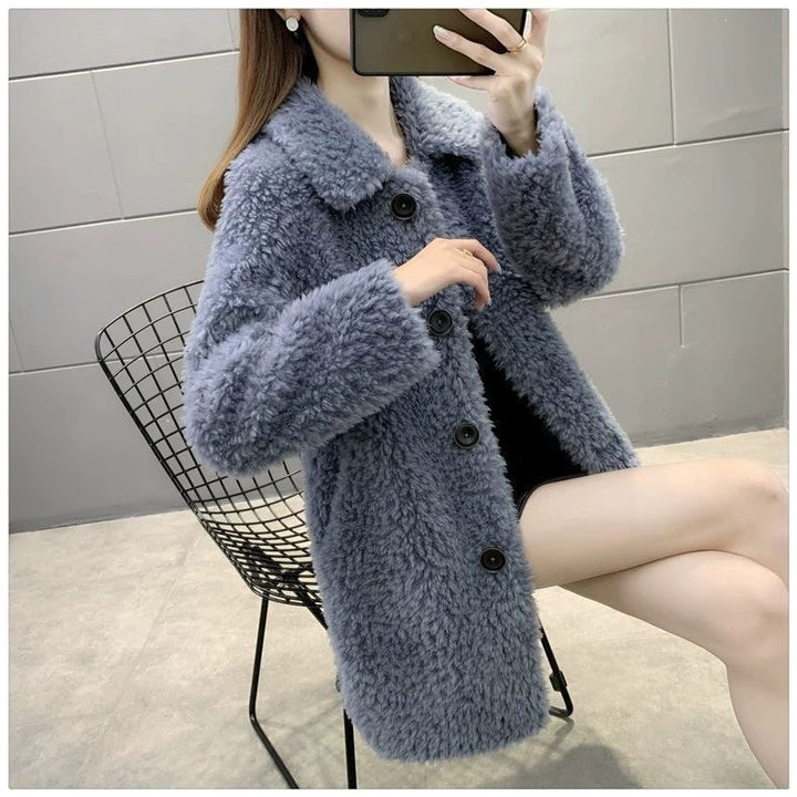 Sheepskin-look coat, mid-length, lined, women's