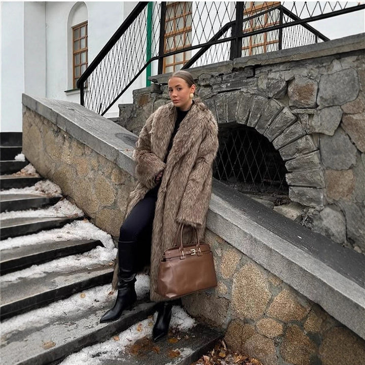 Long Vintage Coat in Faux Fur Look