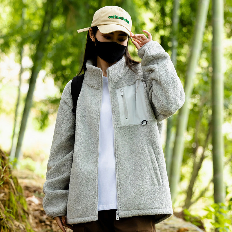 Unisex fleece jacket with stand-up collar and pockets