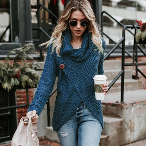 Ladies soft knit pullover with high collar and decorative buttons Lune London