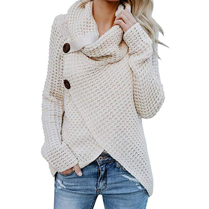 Ladies soft knit pullover with high collar and decorative buttons Lune London