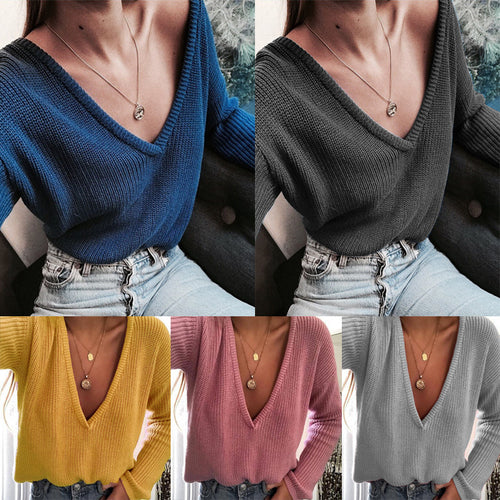 Thick knit sweater for women with a deep V-neck and a relaxed fit Chic and Style