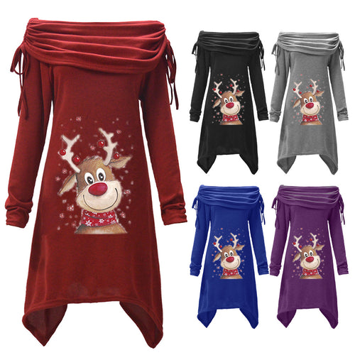 Women's casual dress with off-the-shoulder design and playful reindeer motif