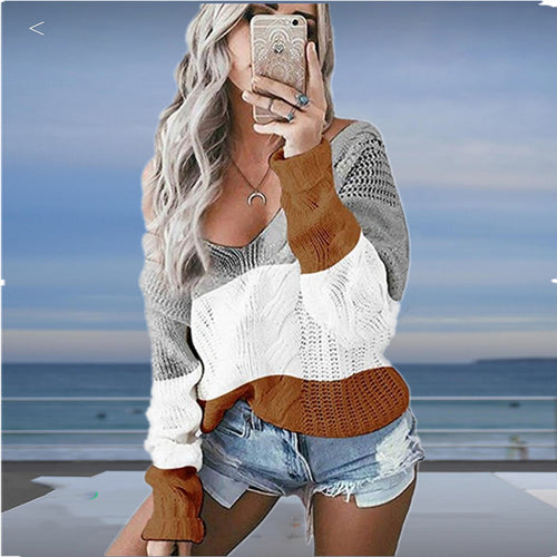 Lightweight knit sweater for women with deep V-neck and trendy crochet pattern Amarael