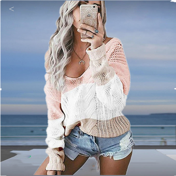 Lightweight knit sweater for women with deep V-neck and trendy crochet pattern Lune Londonl