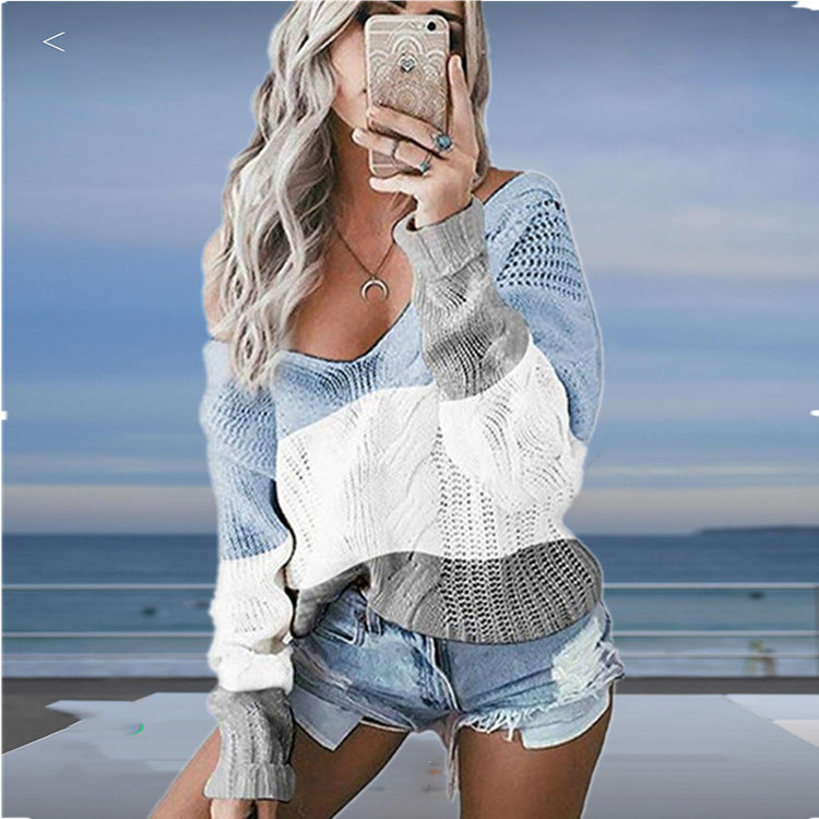 Lightweight knit sweater for women with deep V-neck and trendy crochet pattern Lune Londonl