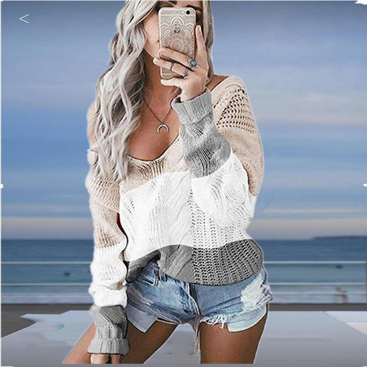 Lightweight knit sweater for women with deep V-neck and trendy crochet pattern Lune Londonl