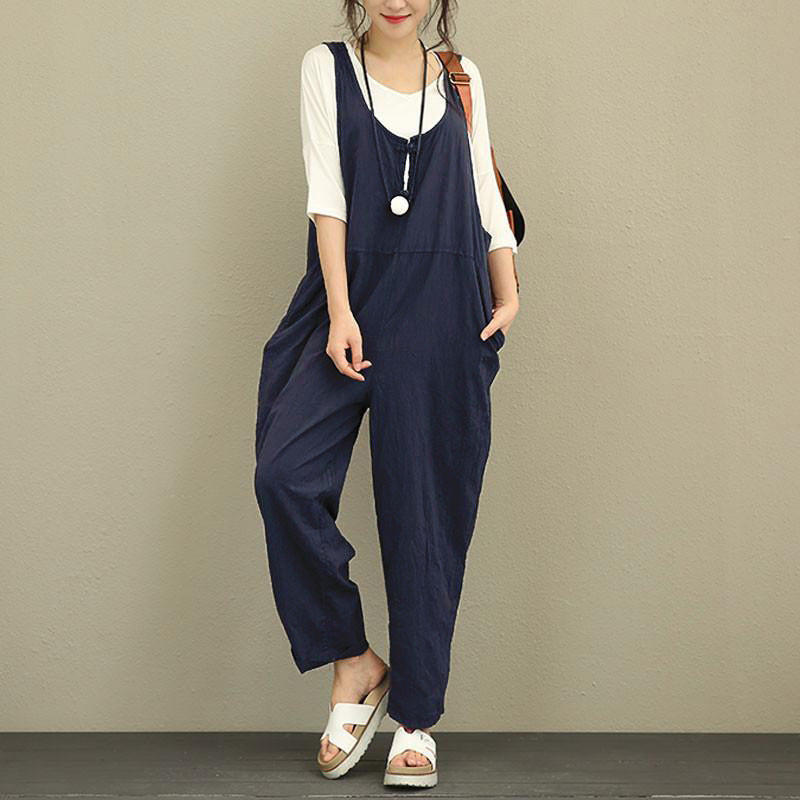 Women Casual Harem Jumpsuit made of Linen with Adjustable Straps and Side Pockets Amarae