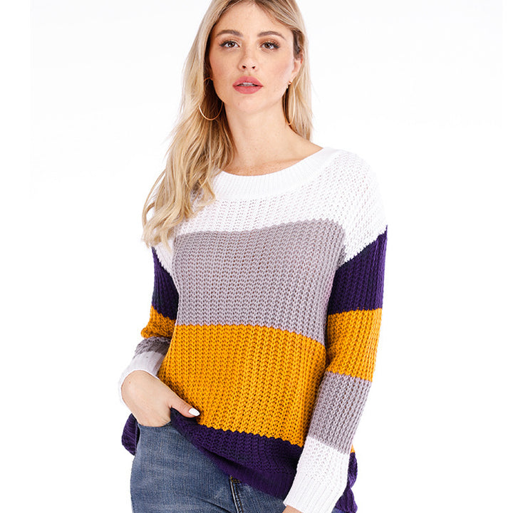 Knitted leisure sweater for women with a modern block stripe pattern and a round neckline Lune London
