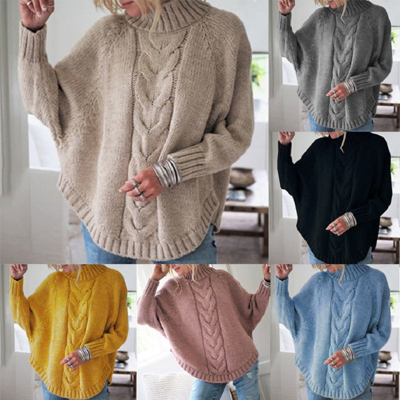 Thick knitted sweater for women with a high collar and decorative braided pattern Lune London