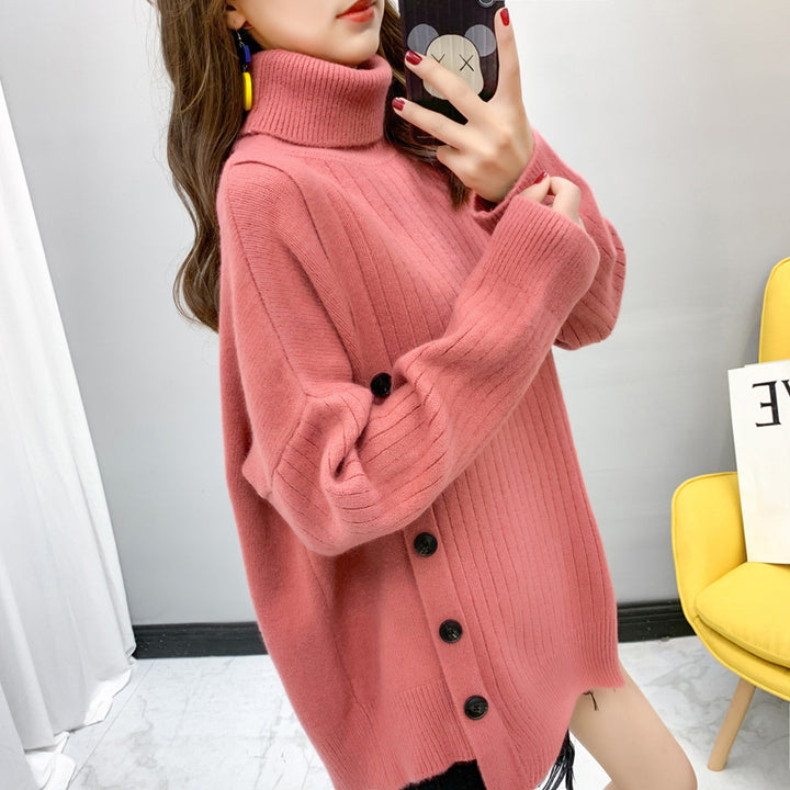 Femme Pull Élegant Col Montant avec Patte de Boutons Chic & Stil
