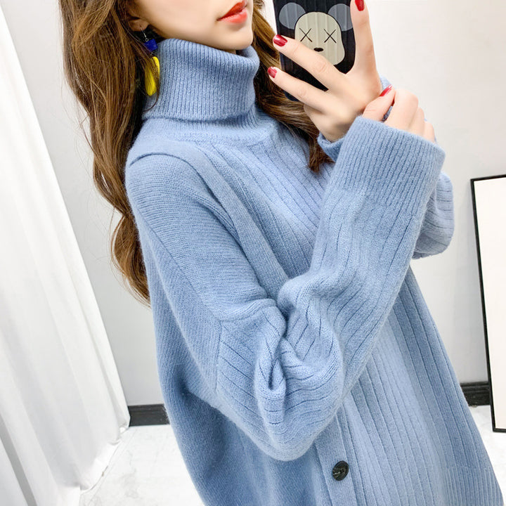 Femme Pull Élegant Col Montant avec Patte de Boutons Chic & Stil