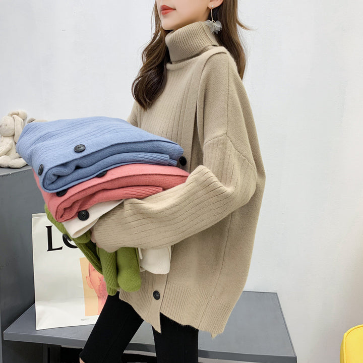 Femme Pull Élegant Col Montant avec Patte de Boutons Chic & Stil