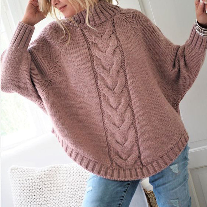 Thick knit sweater for women with comfortable high collar and cable pattern Lune London
