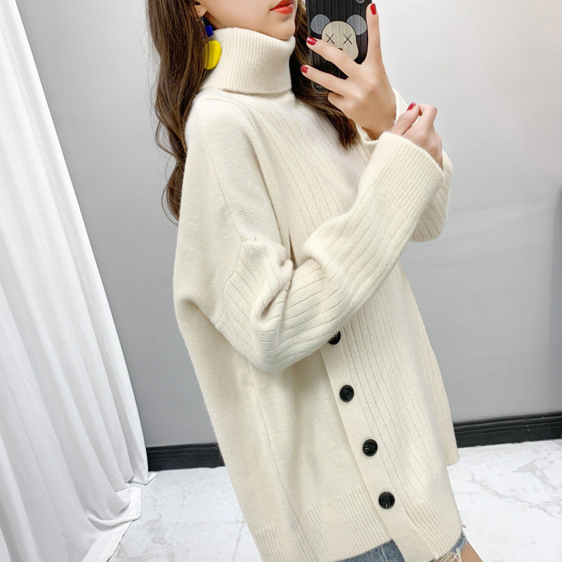 Femme Pull Élegant Col Montant avec Patte de Boutons Chic & Stil