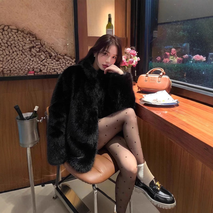 Women’s fur coat, black, mid-length, winter