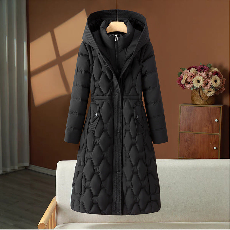 Long women's winter coat with waistline and removable parts