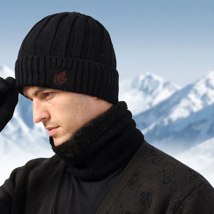 Knitted cap and neck protection set, lined, for men