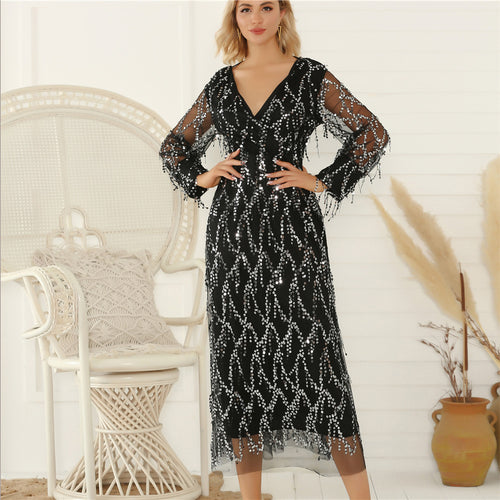 Women's Festive Maxi Dress with Sparkling Sequin Trim and Sheer Sleeves