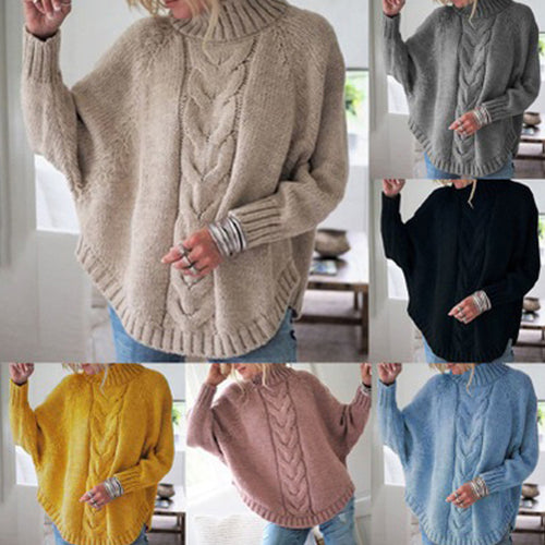 Chunky knit sweater for women with high collar and braided pattern Amarae