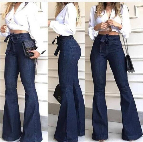 Women's High-Cut Flared Jeans with Stylish Belt and Frayed Hem Amarae