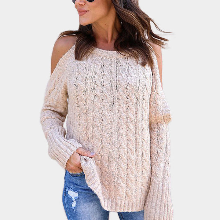 Knitted sweater for women with off-shoulder and cable pattern Lune London