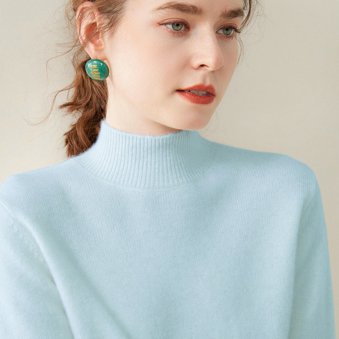 Women's cashmere sweater, semi-high collar, two-ply, loose