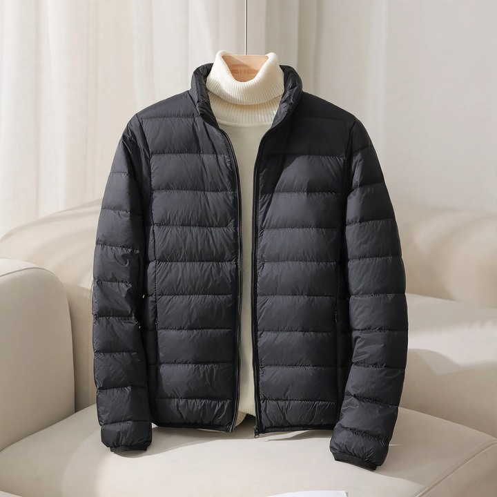 Short, lightweight women's down jacket, stand collar