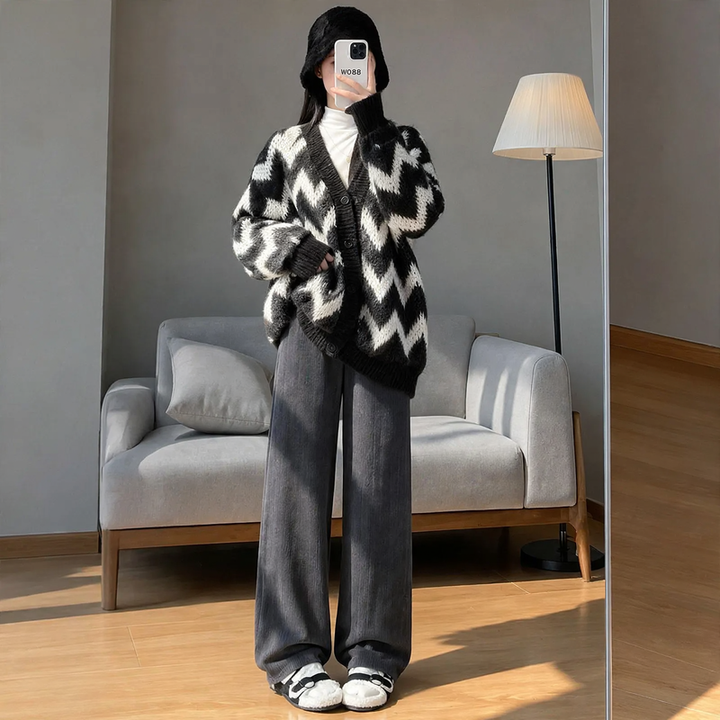 Padded chenille wide pants for women, straight cut