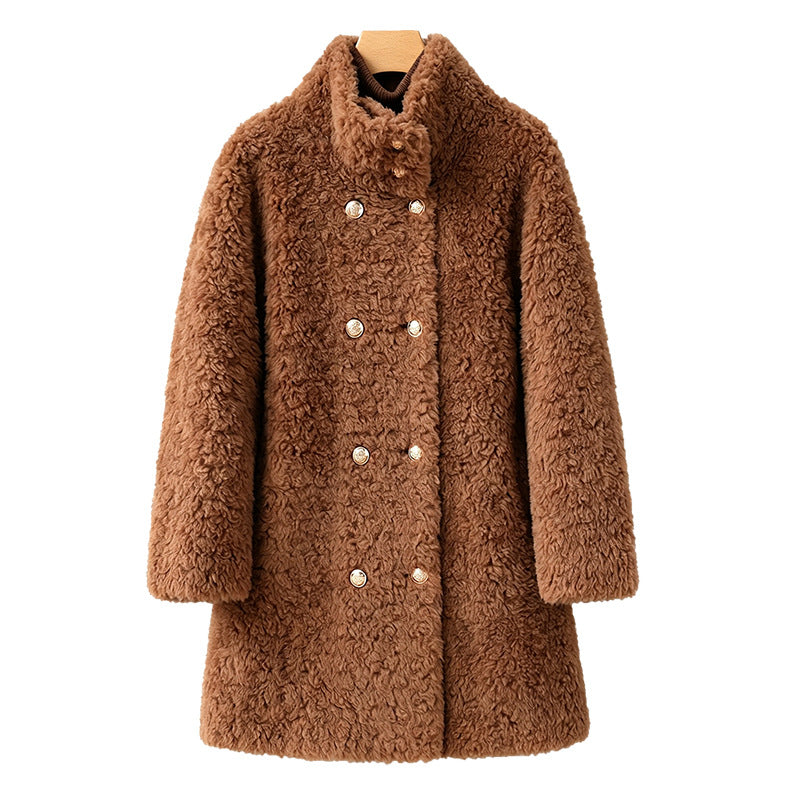 Women's wool coat with stand-up collar and double-breasted button placket