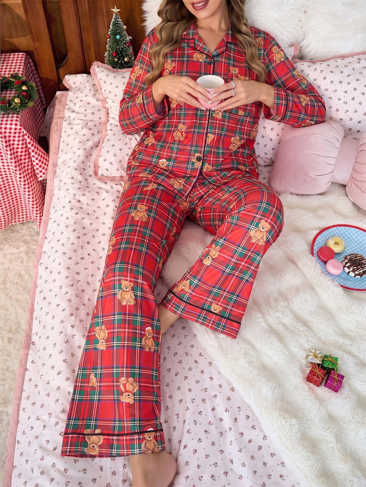 Women's Pajama Set, Long Sleeve, Checked with Cartoon Motif