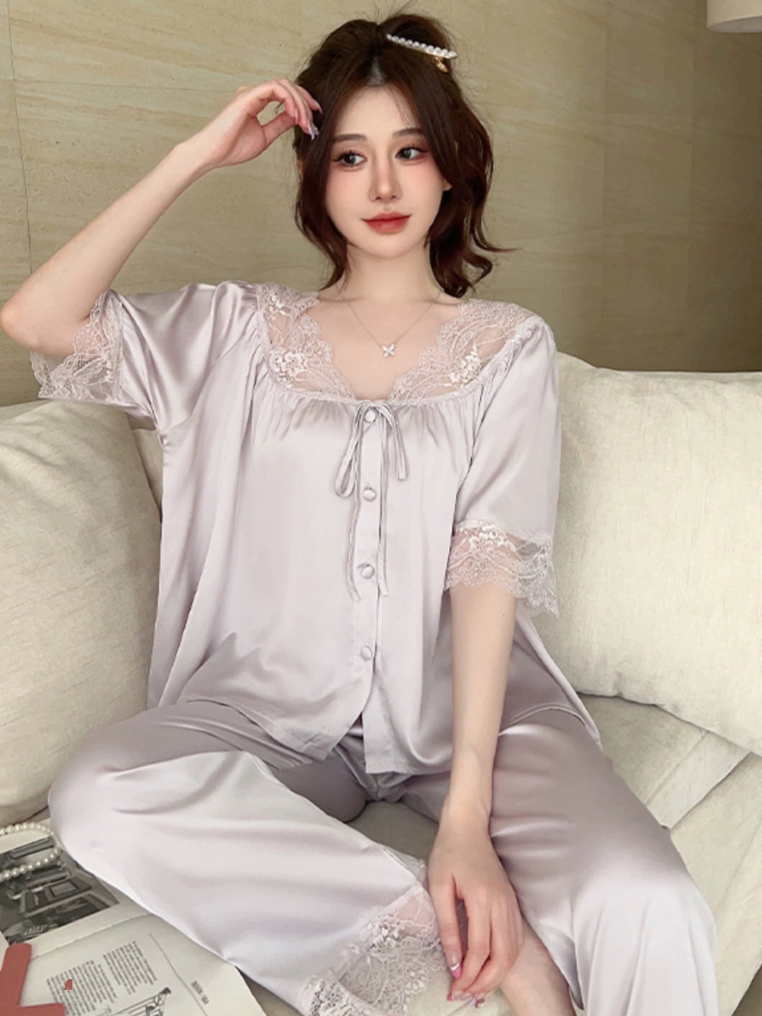 Women's pajama set with lace trim