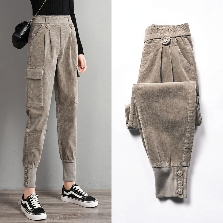 Women's corduroy pants, wide cut, carrot shape